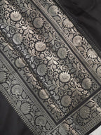 Charcoal Black Banarasi Semi Katan Silk Saree with Antique Silver Zari Work