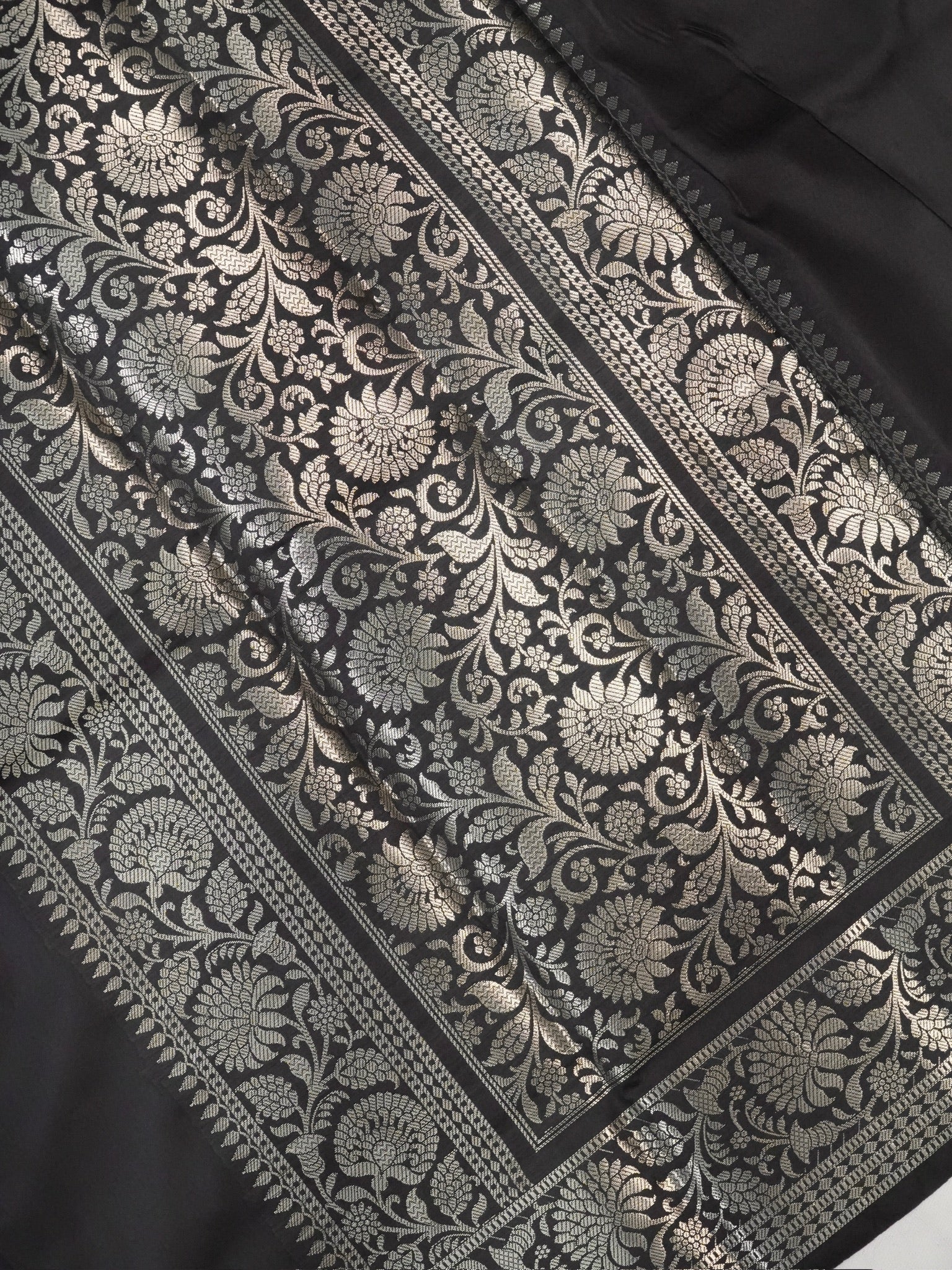 Charcoal Black Banarasi Semi Katan Silk Saree with Antique Silver Zari Work