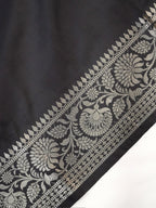 Charcoal Black Banarasi Semi Katan Silk Saree with Antique Silver Zari Work