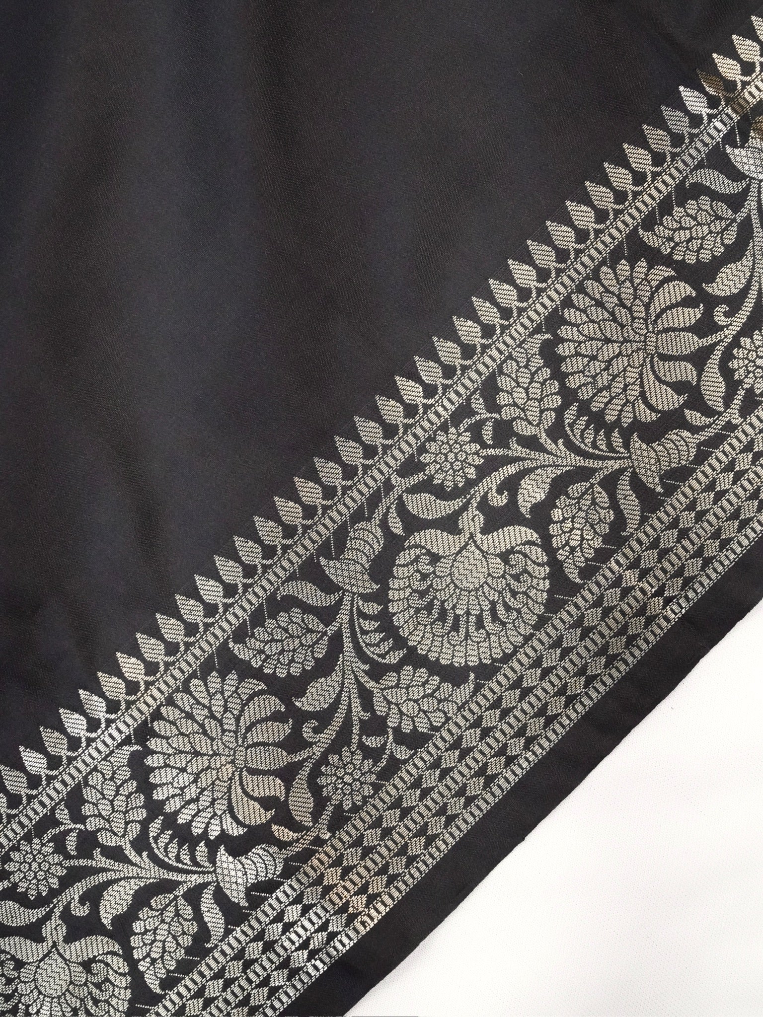 Charcoal Black Banarasi Semi Katan Silk Saree with Antique Silver Zari Work