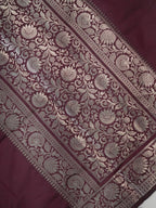 Deep Wine Banarasi Semi Katan Silk Saree with Antique Silver Zari Work