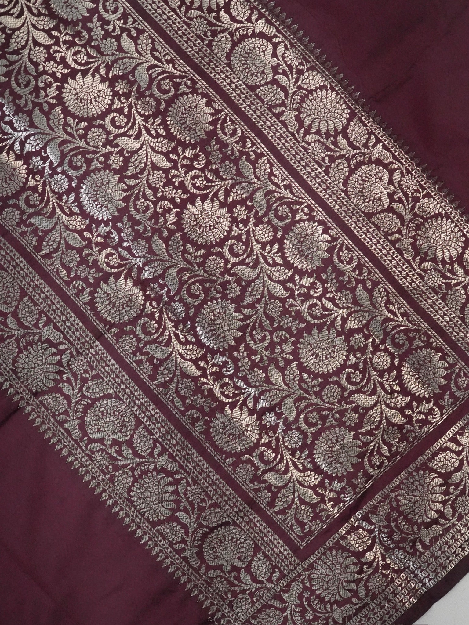 Deep Wine Banarasi Semi Katan Silk Saree with Antique Silver Zari Work