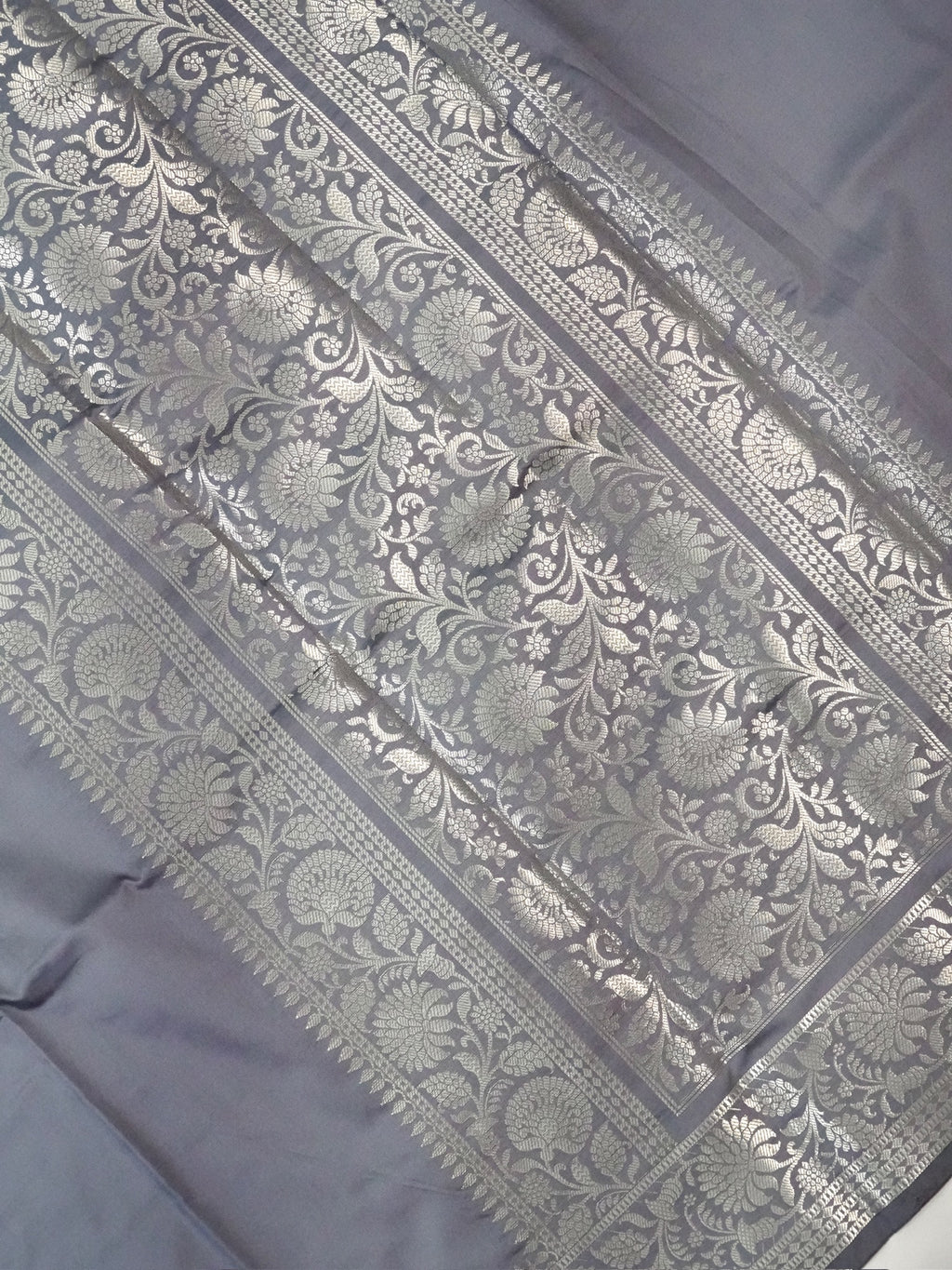 Grey Banarasi Semi Katan Silk Saree with Antique Silver Zari Work
