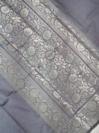 Grey Banarasi Semi Katan Silk Saree with Antique Silver Zari Work
