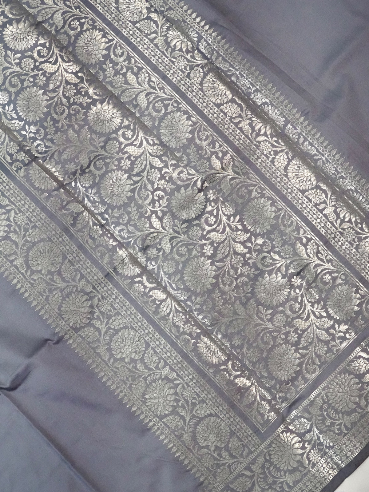 Grey Banarasi Semi Katan Silk Saree with Antique Silver Zari Work