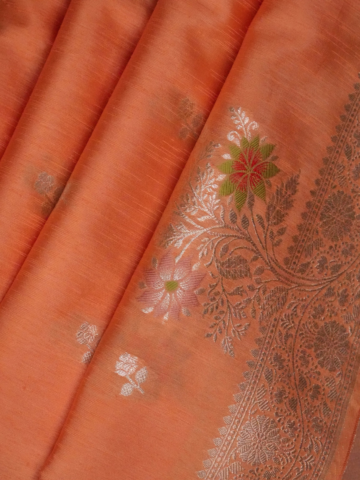 Bright Peach-Orange Banarasi Butter Silk Saree with Meenakari Floral Accents
