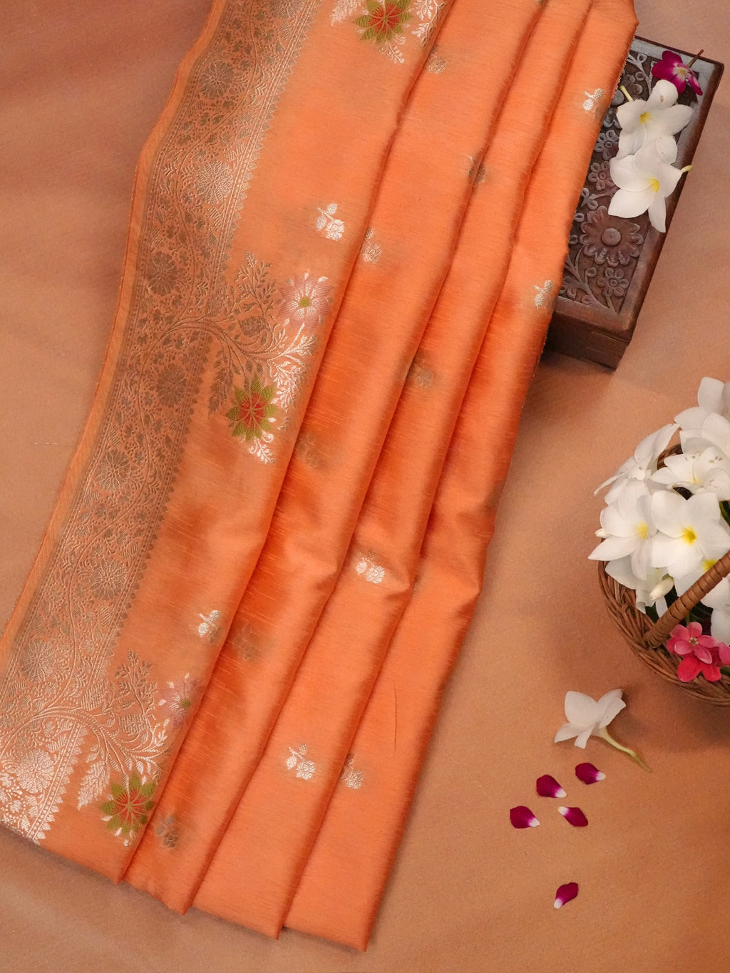 Bright Peach-Orange Banarasi Butter Silk Saree with Meenakari Floral Accents