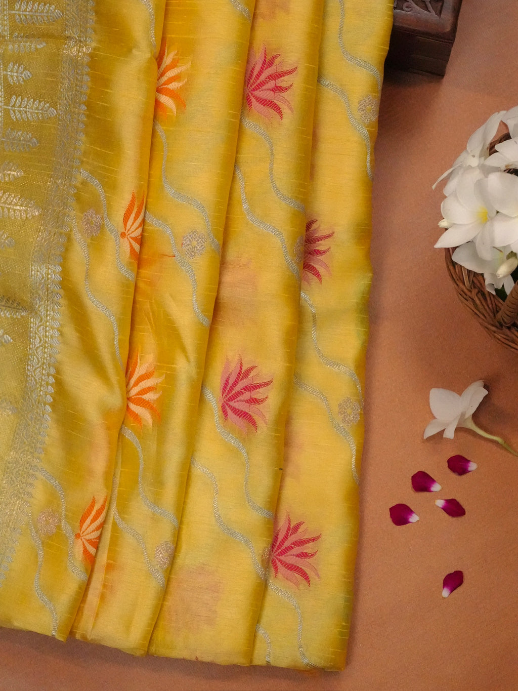 Sunshine Yellow Banarasi Semi Butter Silk Saree with Wave & Meenakari Lotus Motifs