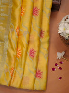 Sunshine Yellow Banarasi Semi Butter Silk Saree with Wave & Meenakari Lotus Motifs