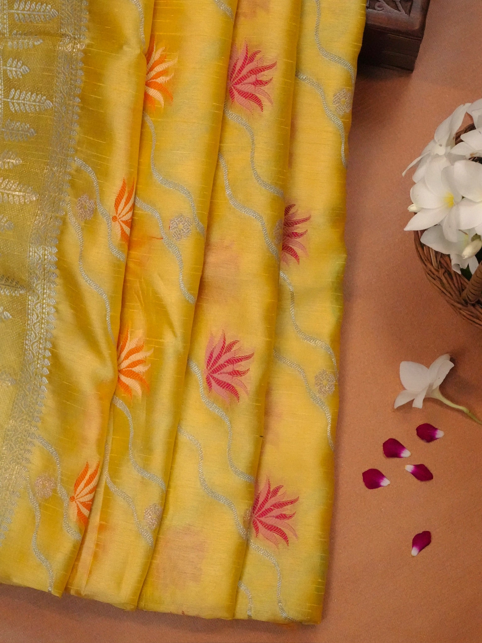 Sunshine Yellow Banarasi Semi Butter Silk Saree with Wave & Meenakari Lotus Motifs