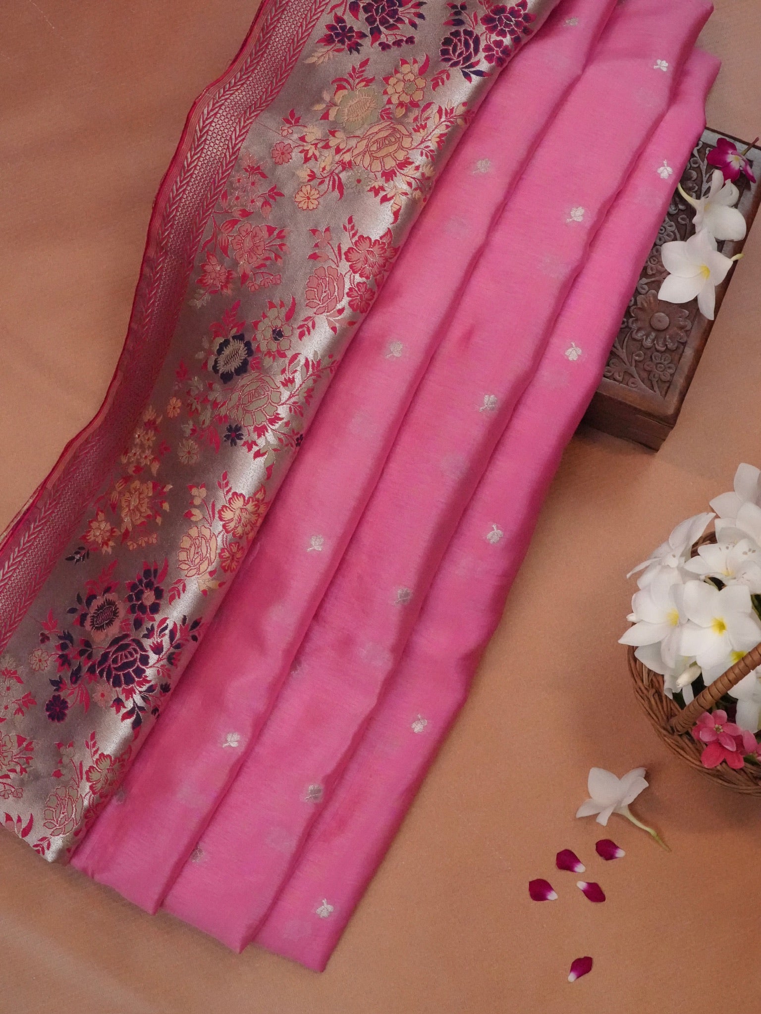 Rani Pink Banarasi Semi Butter Silk Saree with Meenakari Floral Border & Silver Zari Pallu