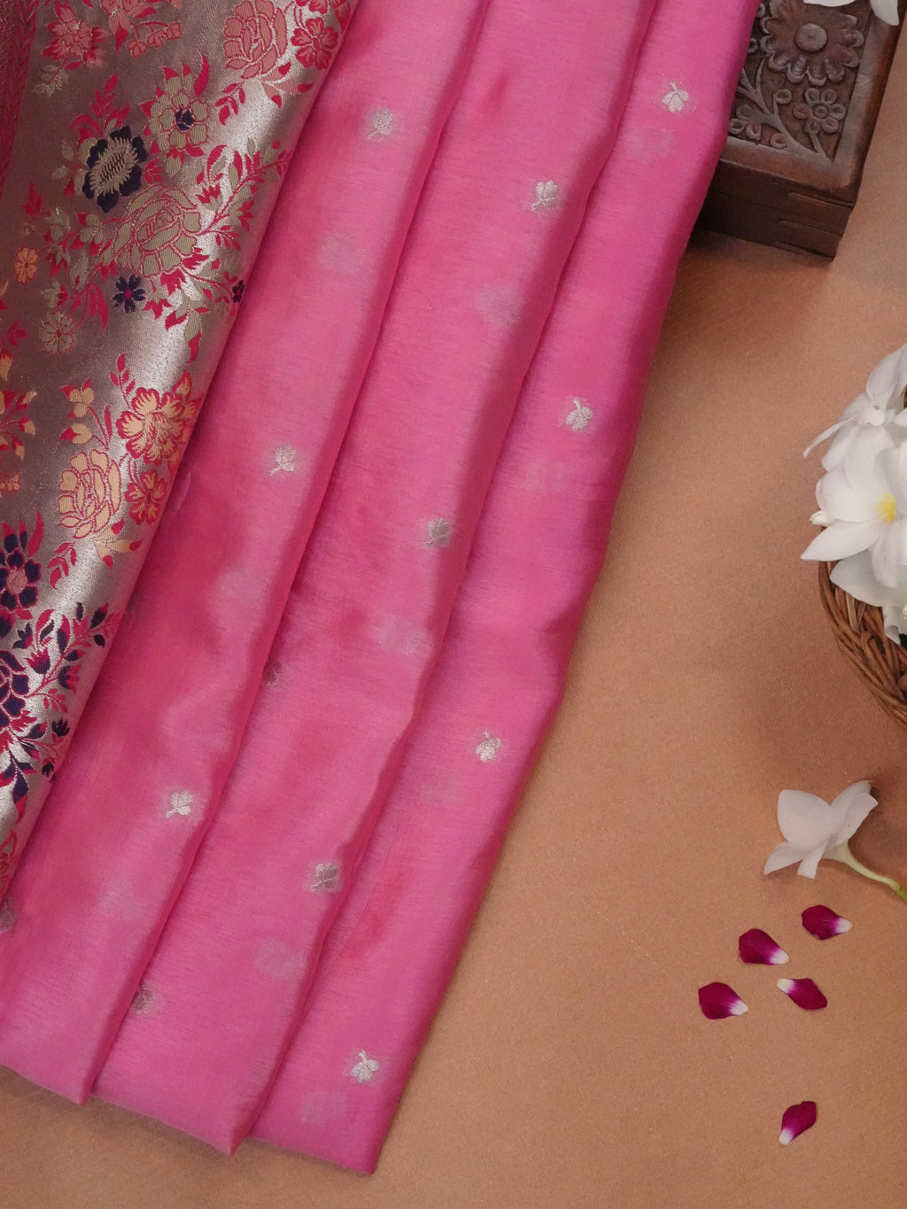 Rani Pink Banarasi Semi Butter Silk Saree with Meenakari Floral Border & Silver Zari Pallu