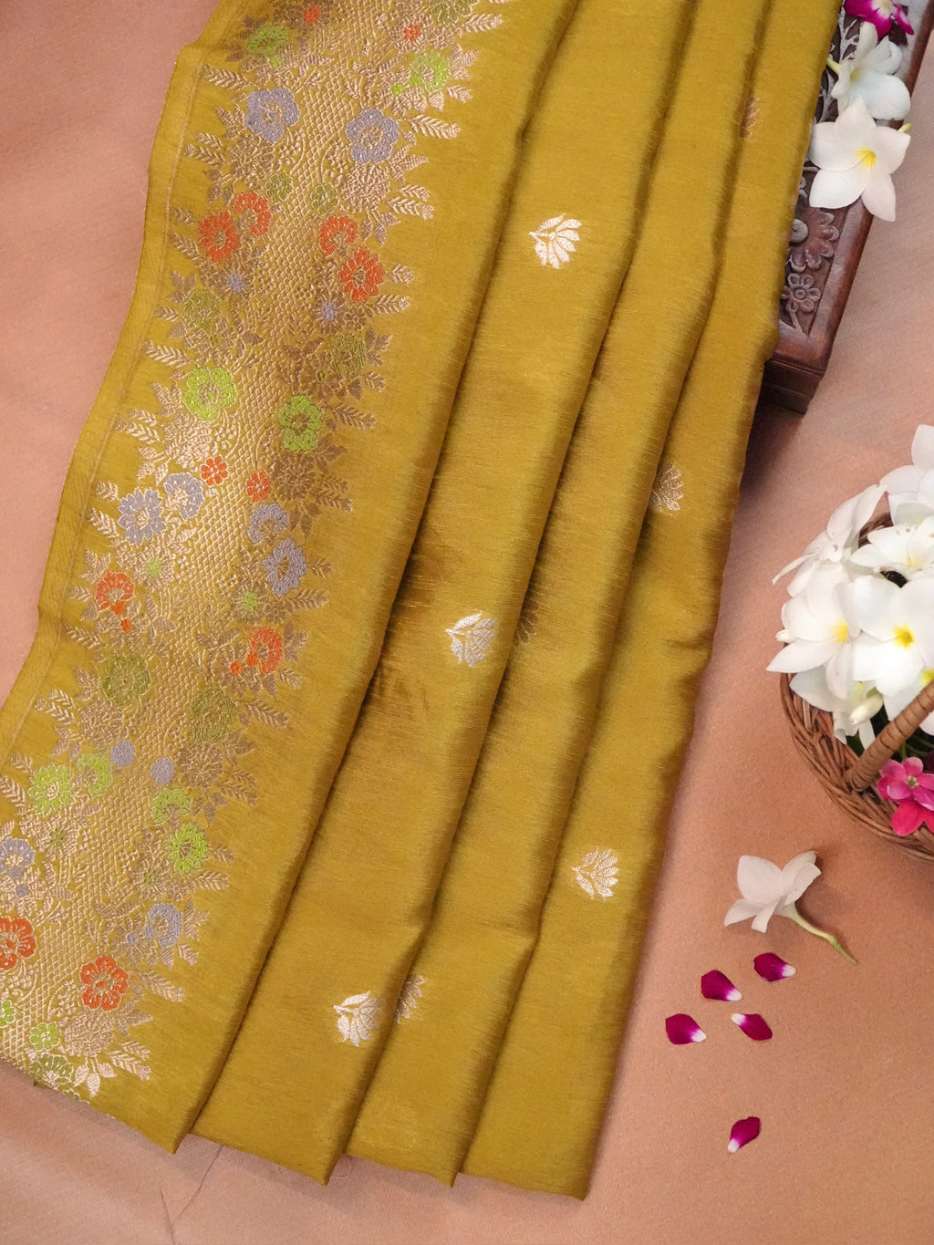 Mustard Yellow Banarasi Semi Butter Silk Saree with Meenakari Floral Work
