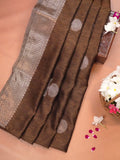 Coffee Brown Soft Linen Silk Saree with Floral Silver Zari Butis Woven Lattice Border