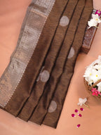 Coffee Brown Soft Linen Silk Saree with Floral Silver Zari Butis Woven Lattice Border