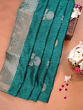 Teal Blue Soft Linen Silk Saree with Floral Silver Zari Butis & Woven Lattice Border