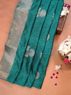 Teal Blue Soft Linen Silk Saree with Floral Silver Zari Butis & Woven Lattice Border