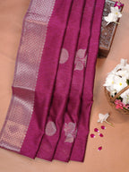 Magenta Pink Soft Linen Silk Saree with Floral Silver Zari Butis &amp; Woven Lattice Border