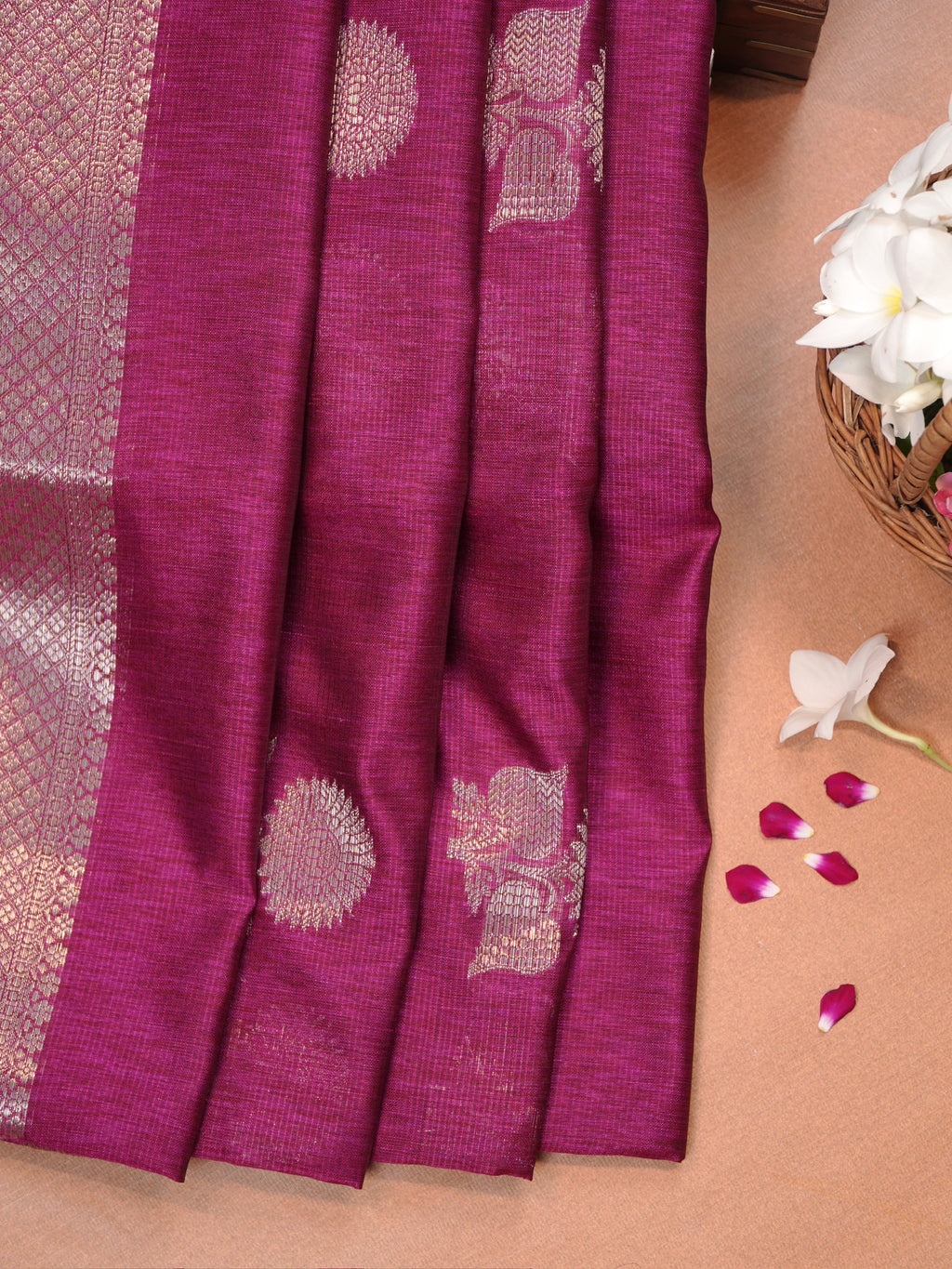 Magenta Pink Soft Linen Silk Saree with Floral Silver Zari Butis &amp; Woven Lattice Border
