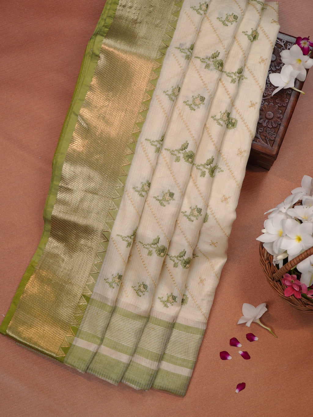 Off-White & Sage Green Soft Cotton Embroidered Saree with Zari Border