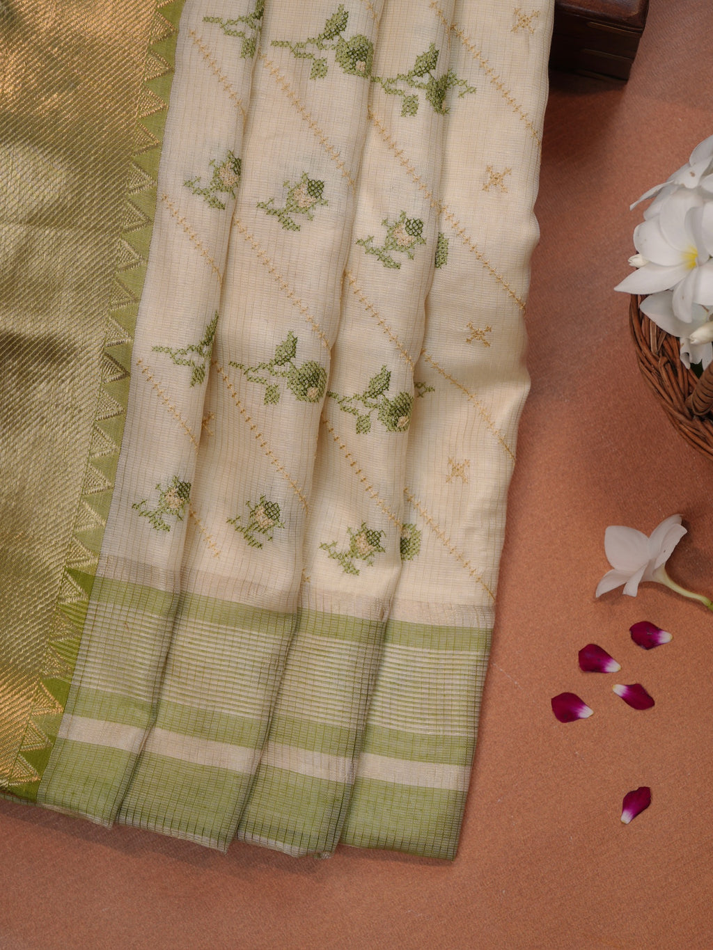 Off-White & Sage Green Soft Cotton Embroidered Saree with Zari Border
