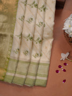 Off-White & Sage Green Soft Cotton Embroidered Saree with Zari Border