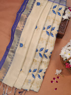 Off-White & Royal Blue Soft Cotton Floral Embroidered Saree with Zari Border