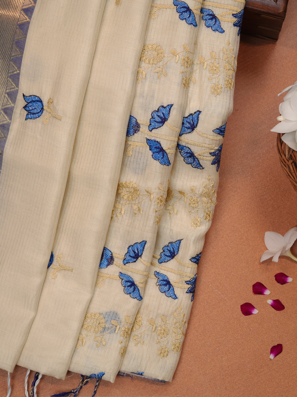 Off-White & Royal Blue Soft Cotton Floral Embroidered Saree with Zari Border