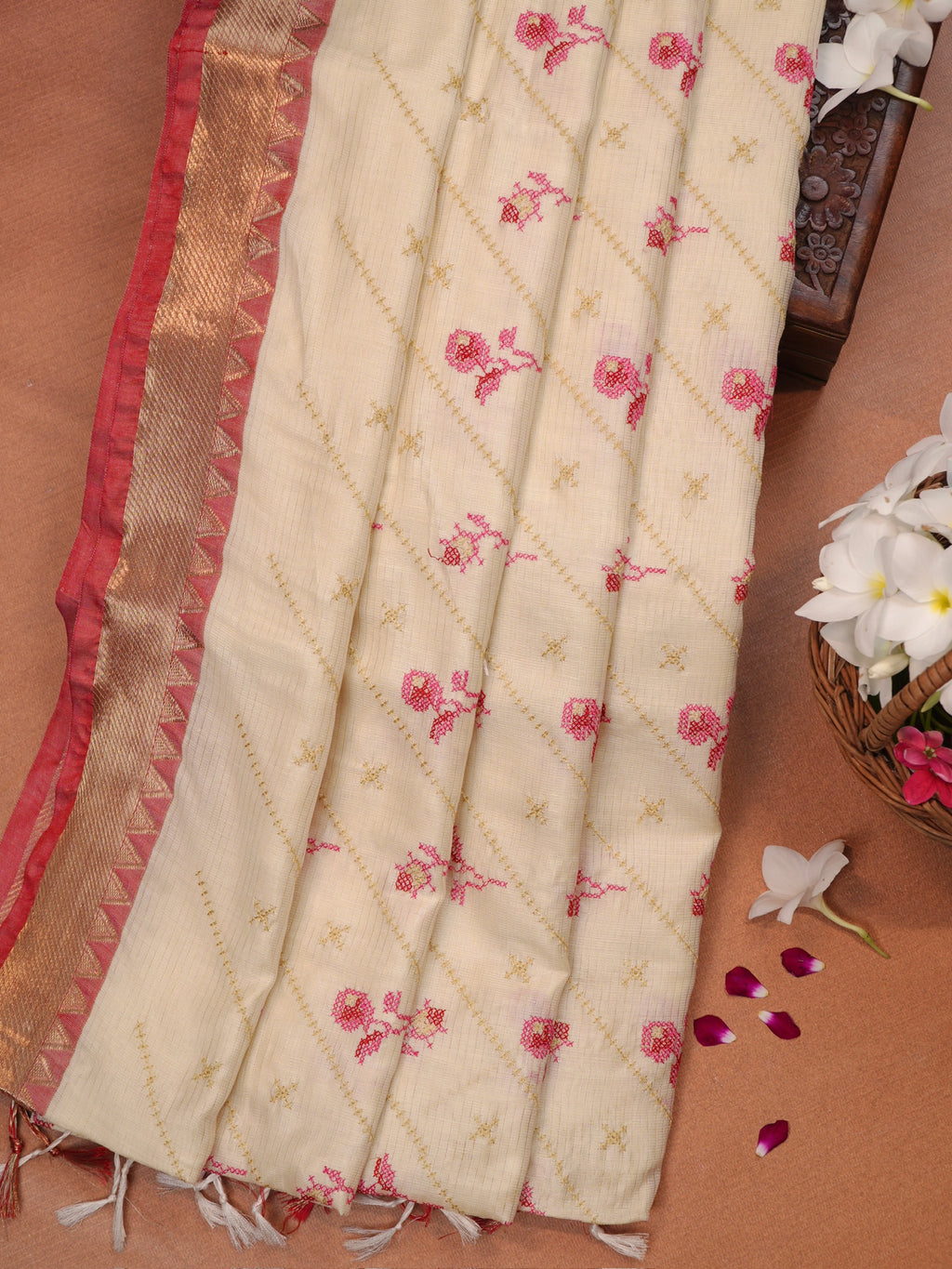 Off-White &  Pink Soft Cotton Floral Embroidered Saree with Zari Border