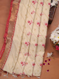 Off-White &  Pink Soft Cotton Floral Embroidered Saree with Zari Border