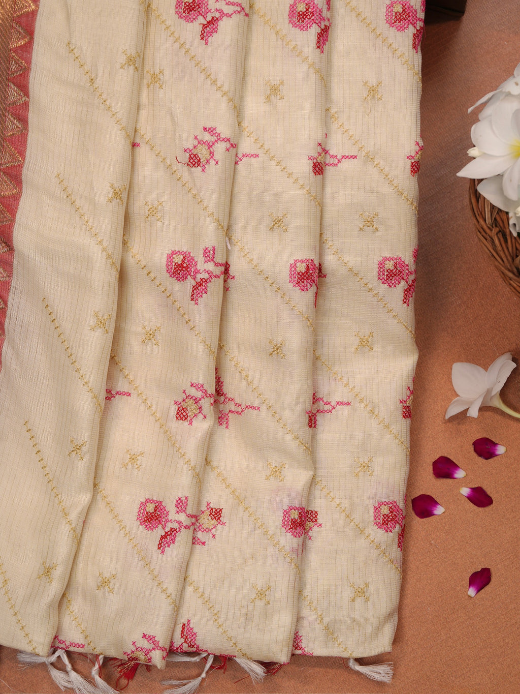 Off-White &  Pink Soft Cotton Floral Embroidered Saree with Zari Border