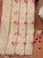 Off-White &  Pink Soft Cotton Floral Embroidered Saree with Zari Border