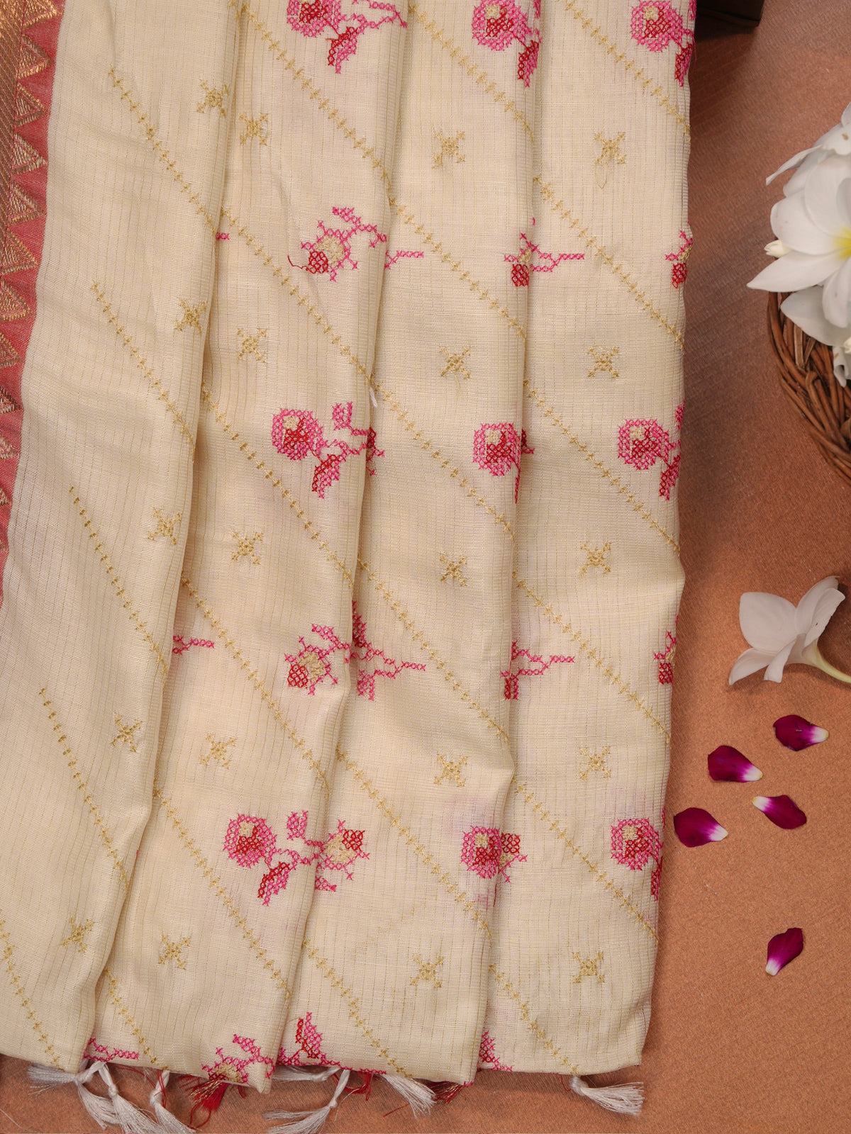 Off-White &  Pink Soft Cotton Floral Embroidered Saree with Zari Border
