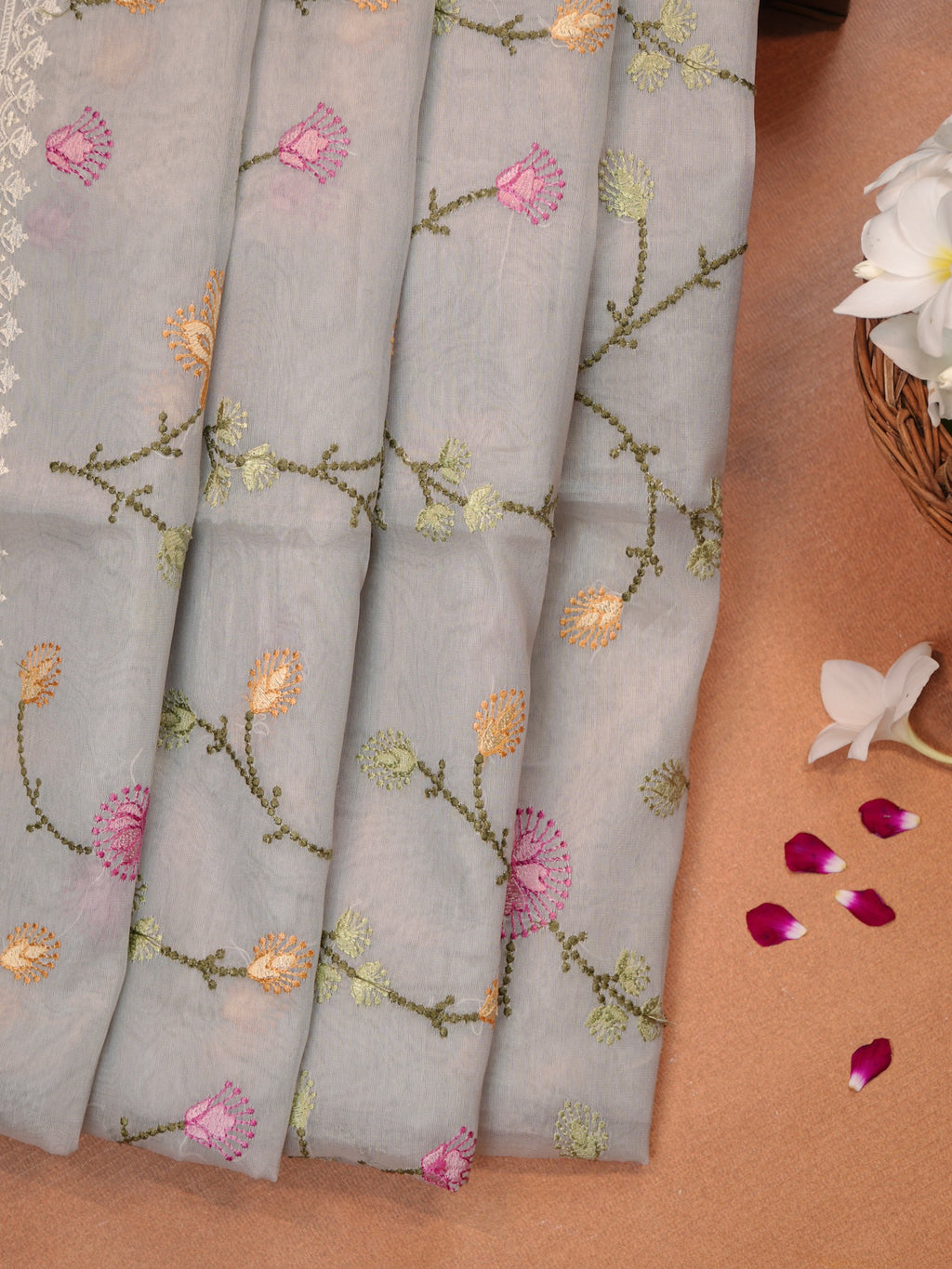 Powder Blue Fancy Organza Embroidery Saree with Floral Vines & Scallop Border
