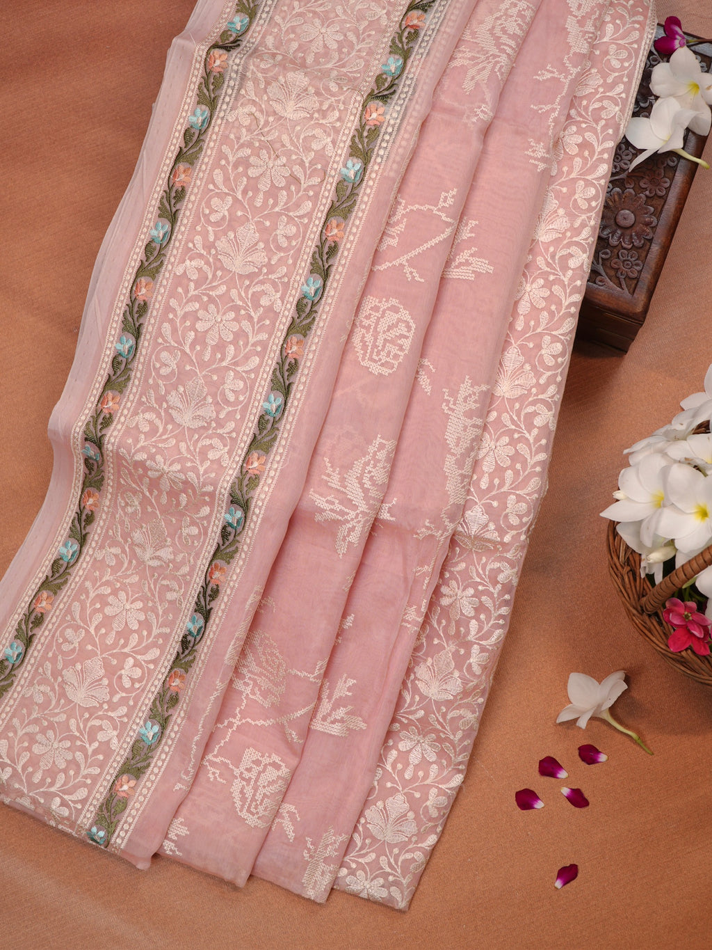 Blush Pink Fancy Organza Embroidery Saree with Cross-Stitch Floral Vines & Detailed Borders