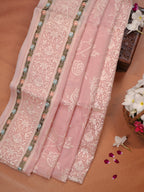 Blush Pink Fancy Organza Embroidery Saree with Cross-Stitch Floral Vines & Detailed Borders