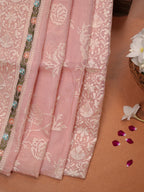 Blush Pink Fancy Organza Embroidery Saree with Cross-Stitch Floral Vines & Detailed Borders