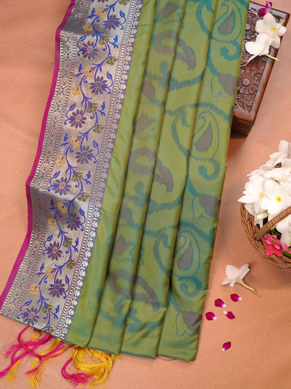 Olive Green Pochampally Silk Saree with Ikat Paisley Weave & Woven Floral Zari Border