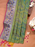 Olive Green Pochampally Silk Saree with Ikat Paisley Weave & Woven Floral Zari Border