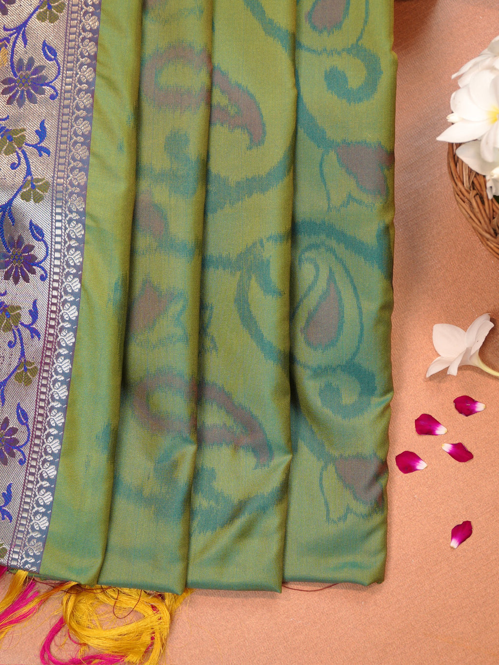 Olive Green Pochampally Silk Saree with Ikat Paisley Weave & Woven Floral Zari Border