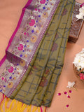 Mustard & Sea Green Pochampally Silk Saree with Ikat Floral Vines & Silver Zari Meenakari Border