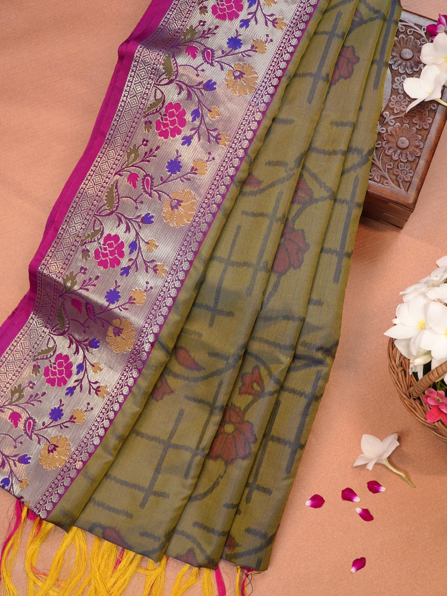 Mustard & Sea Green Pochampally Silk Saree with Ikat Floral Vines & Silver Zari Meenakari Border