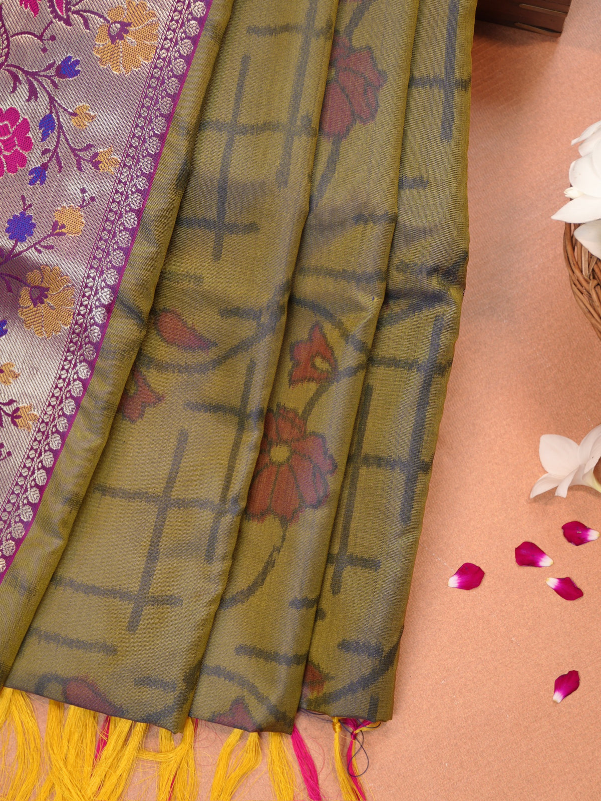 Mustard & Sea Green Pochampally Silk Saree with Ikat Floral Vines & Silver Zari Meenakari Border
