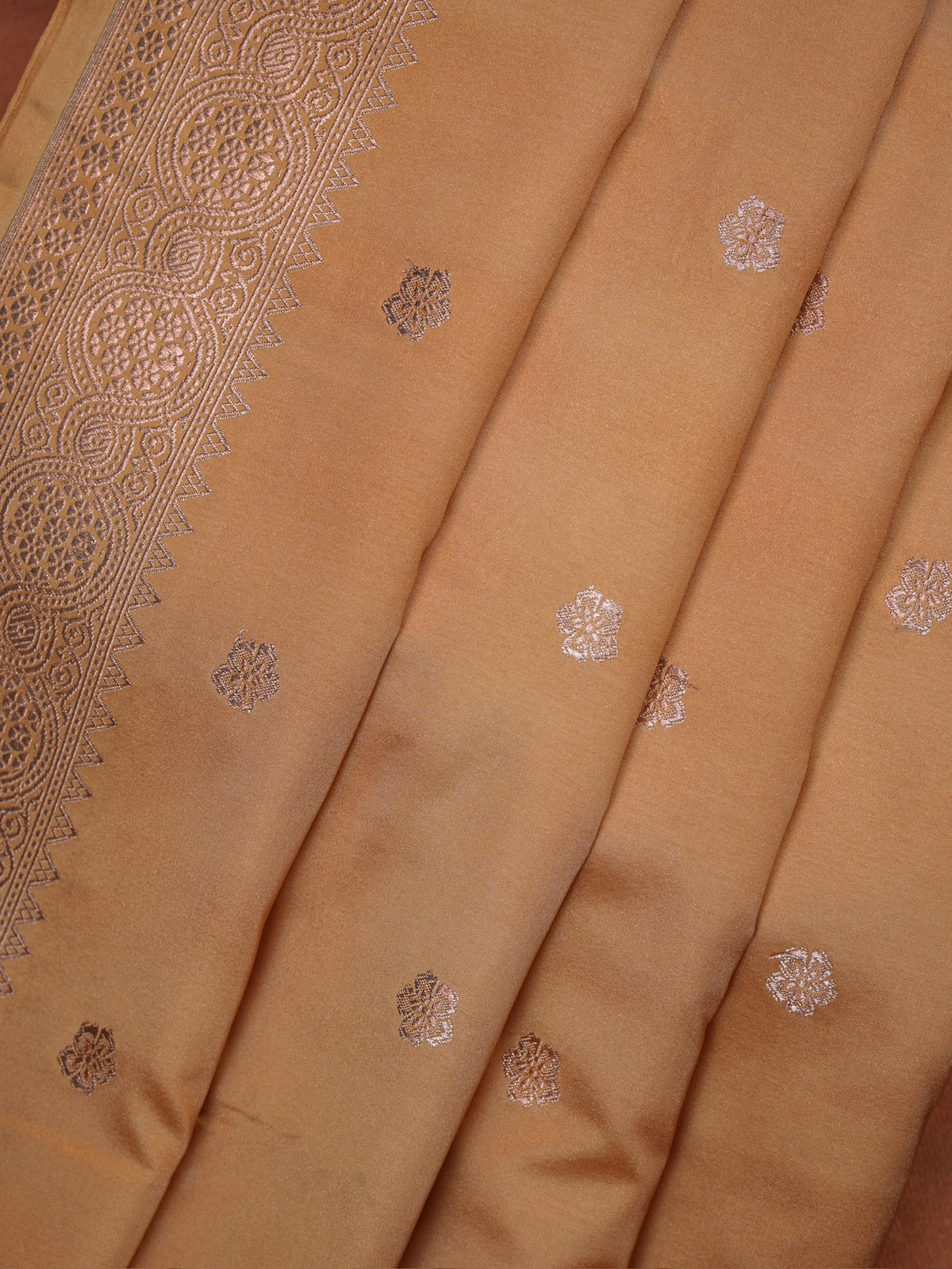 Beige Sand Banarasi Mashru Katan Silk Saree with Floral Zari Butis