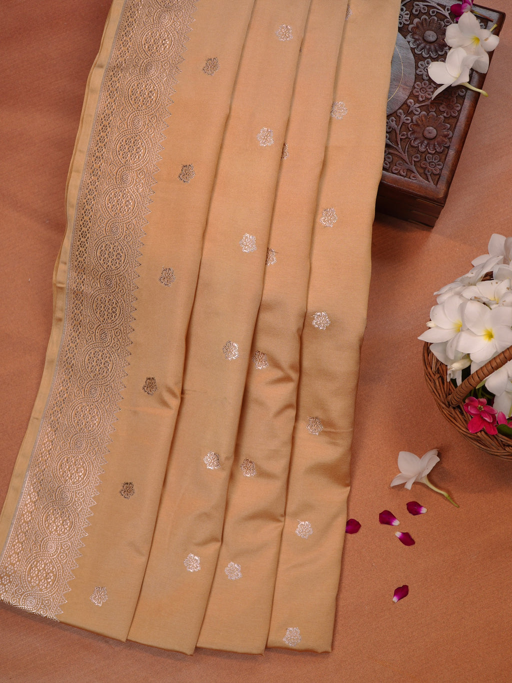 Beige Sand Banarasi Mashru Katan Silk Saree with Floral Zari Butis