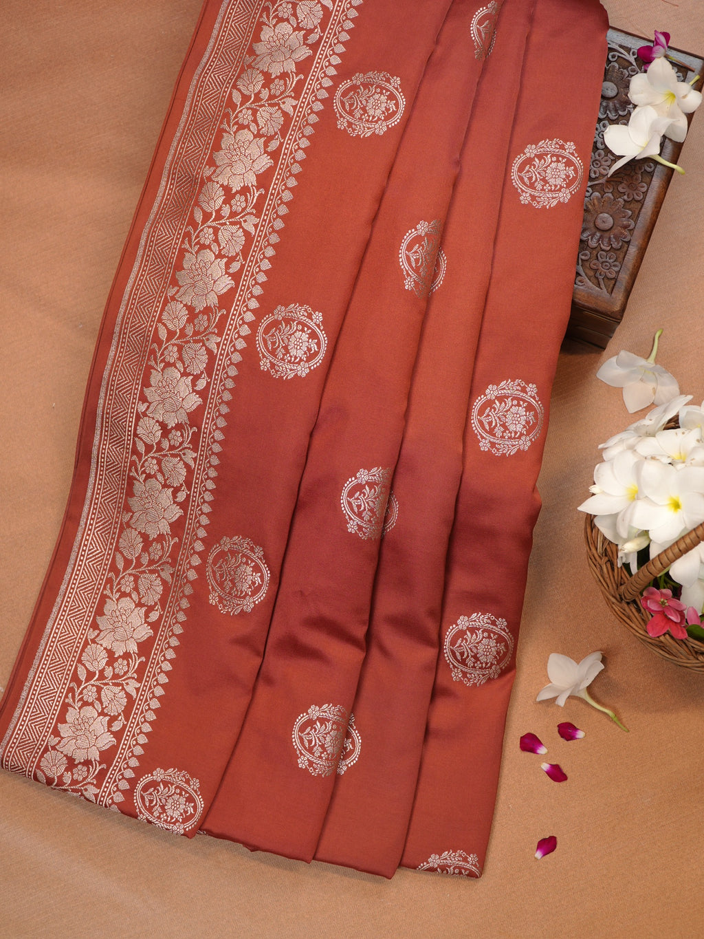 Rust Orange Banarasi Mashru Katan Silk Saree with Circular Floral Medallion Butis