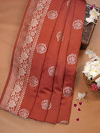 Rust Orange Banarasi Mashru Katan Silk Saree with Circular Floral Medallion Butis
