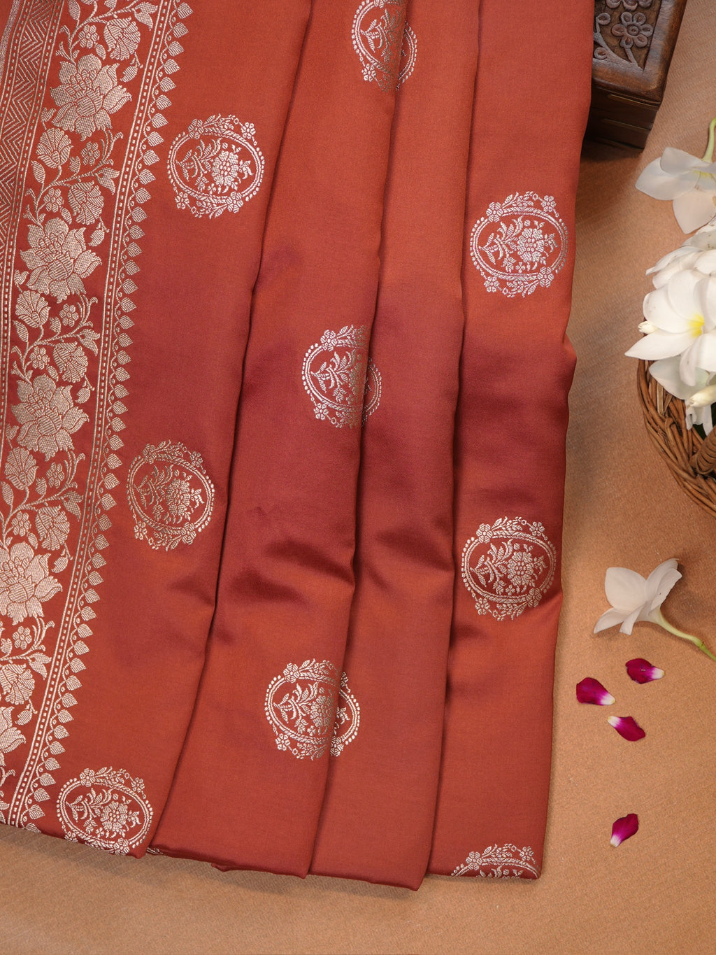 Rust Orange Banarasi Mashru Katan Silk Saree with Circular Floral Medallion Butis