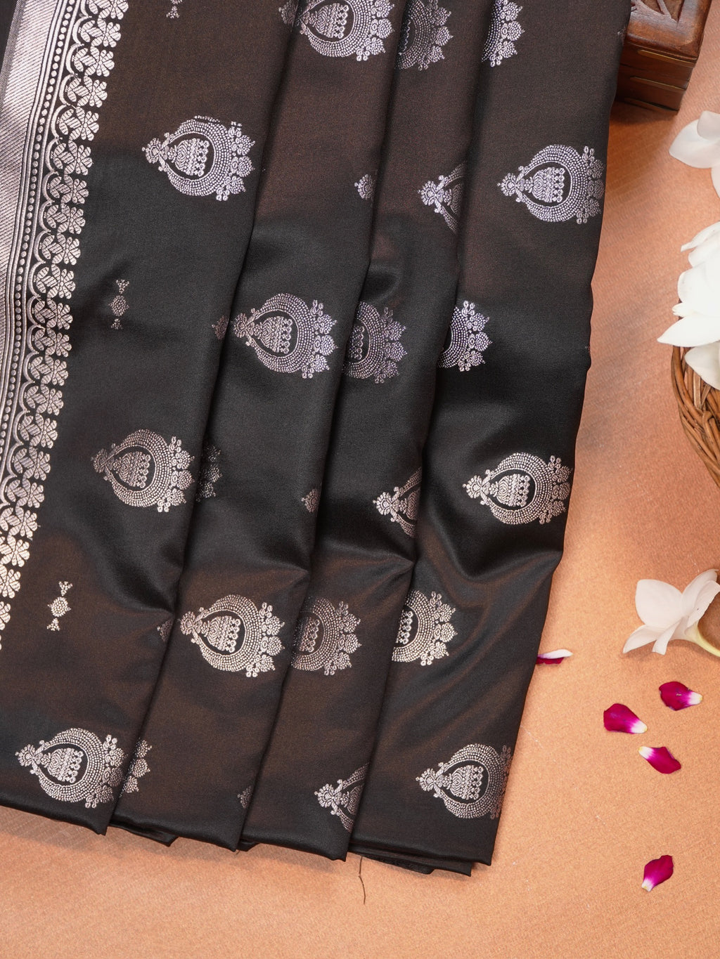 Midnight Black Banarasi Mashru Katan Silk Saree with Jhumka Motifs