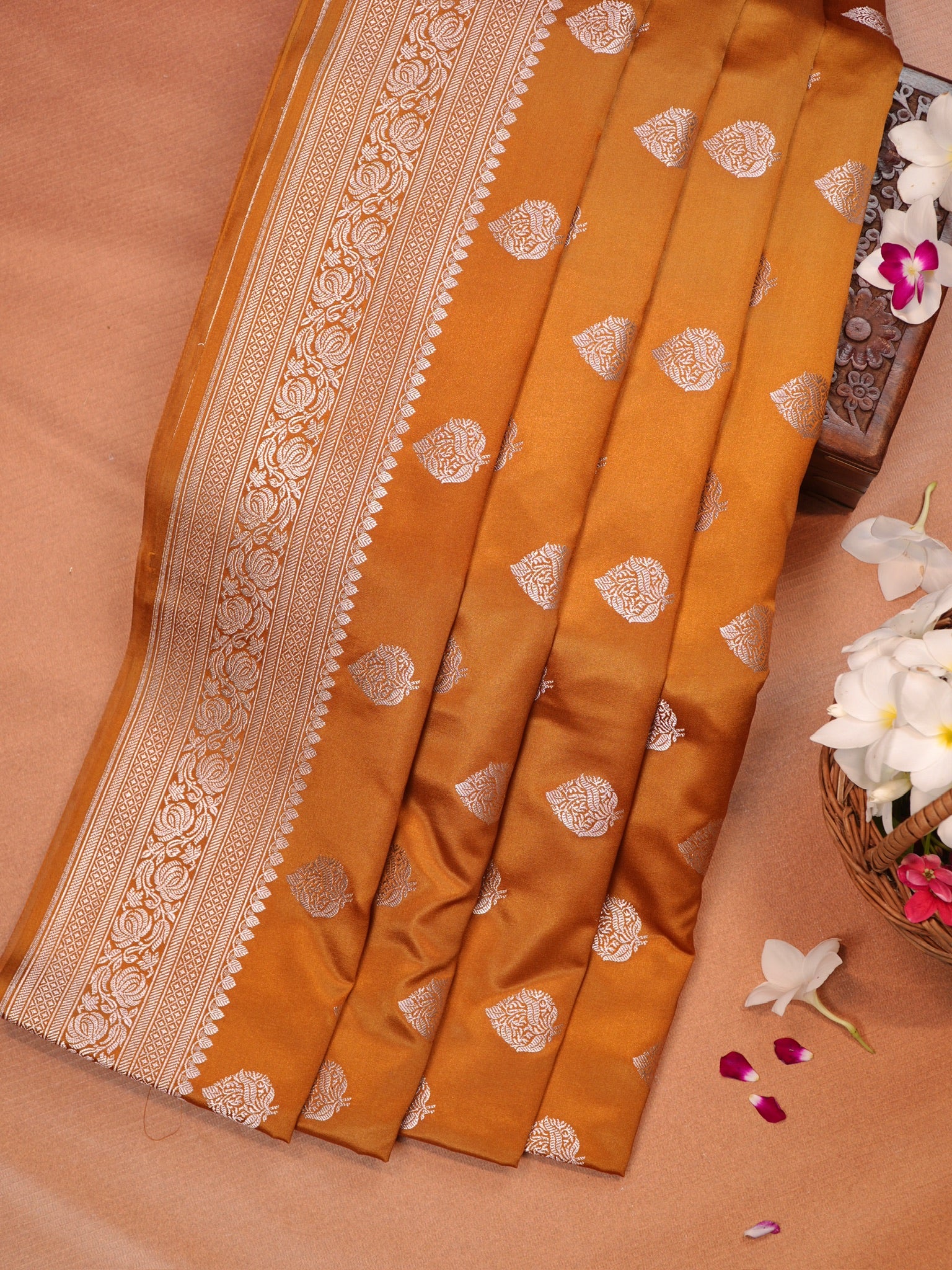 Mustard Gold Banarasi Mashru Katan Silk Saree with Paisley Leaf Butis